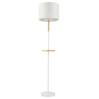 HOMCOM Lámpara de Pie con Estante de Madera Pantalla de Tela Casquillo E27 Máx. de 40W y Interruptor de Pie Moderno para Salón Dormitorio Estudio Ø35x155 cm Blanco(m-10)