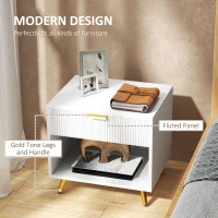 HOMCOM Elegant Bedside Table, with Drawer and Shelf - White/Gold Tone(m-4)