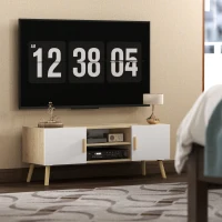 HOMCOM Meuble TV meuble télé bois banc TV jusqu'à 50 pouces avec étagères, 2 placards et passe-câbles, chêne(m-9)