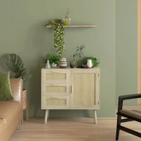 HOMCOM Mobile Multiuso Stile Boho con Armadietto e 3 Cassetti in Legno e Rattan, 80x36x75cm, Rovere(m-8)