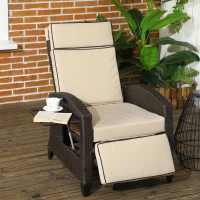 Outsunny Outdoor Recliner Chair with Adjustable Backrest and Footrest, Cushion, Side Tray, Khaki/Brown(m-3)