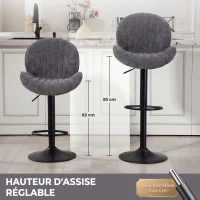 HOMCOM Lot de 2 Tabourets de Bar, Hauteur Réglable, Pivotant 360°, Siège Rembourré, Dossier et Repose-pieds, Gris(m-5)
