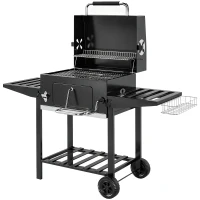Outsunny Barbacoa de Carbón con Bandeja Ajustable Estantes Plegables Ruedas Termómetro Tapa Chimenea Ventilaciones y Cesta(m-1)