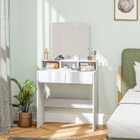 HOMCOM Coiffeuse avec miroir, table de maquillage avec 2 tiroirs et 3 compartiments, style moderne, 75 x 38 x 135 cm, blanc(m-10)