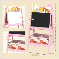 AIYAPLAY Șevalet Artistic pentru Copii 3-8 Ani cu Tablă dublă și 2 Coșuri de Depozitare, din Lemn, 53,5x49x113 cm, Roz(m-3)