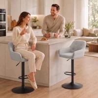 HOMCOM Banquetas de Bar Conjunto de 2, Banquetas em Chenille, Altura Ajustável, Rotação 360°, Encosto e Apoiápés, Cinza(m-5)