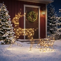 Outsunny Renne de Noël avec Traîneau Lumineux 2 Pièces en Rotin PP, 175 LED Blanc Chaud, 8 Modes, Minuterie, 82x32x120cm, Marron(m-14)
