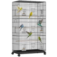 PawHut Grande Cage à Oiseaux sur Roulettes en Acier, Plateau Amovible, Portes, Perchoirs, Mangeoires, 77x46,5x141cm, Noir(m-18)