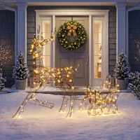 Outsunny Reno de Navidad con Trineo Luminoso 2 Piezas en Ratán PP, 175 LED Blanco Cálido, 8 Modos, Temporizador, 82x32x120cm, Marrón(m-2)