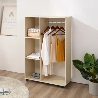HOMCOM Open Wardrobe on Wheels, Bedroom Wardrobe with Clothes Hanging Rail, 3 Storage Shelves, Mobile Garment Rack for Cloakroom, Hallway, Maple Wood-Effect(m-2)
