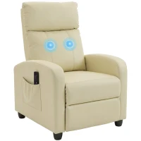 HOMCOM Recliner Armchair, Massage Faux Leather Push Back Reclining Chair with Adjustable Leg Rest, Side Pocket, Cream White(m-13)