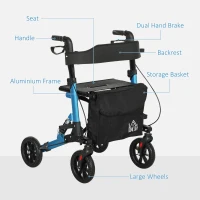 HOMCOM Folding Rollator Walker with Seat, Backrest, Lightweight Walking Frame with Storage Bag, Dual Brakes, Adjustable Handle Height, Suspension System, 4 Wheeled Walker for Seniors, Blue(m-8)