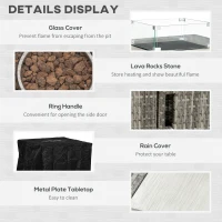 Outsunny 14.5 KW Rattan Gas Fire Pit Dining Table with Rain Cover, Wind Guard, Lid, Lava Rocks, Grey(m-6)