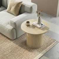 HOMCOM Mesa de Centro Redonda con Base de Columna con Listones para Sala de Estar Dormitorio Ø60x40 cm Natural(m-10)