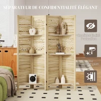 HOMCOM Paravent intérieur 4 panneaux et 3 étagères, 160 x 170 cm, séparateur de pièce pliable, bois de paulownia, bois naturel(m-4)