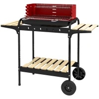Outsunny Barbacoa de Carbón con Ruedas Parrilla Ajustable en Altura Estantes y 6 Ganchos 103x47x95 cm Rojo y Negro(m-11)