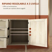 HOMCOM Mobile Multiuso Stile Boho con Armadietto e 3 Cassetti in Legno e Rattan, 80x36x75cm, Rovere(m-6)