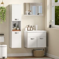 kleankin Conjunto de Muebles de Baño de Pared 4 Piezas Incluye Espejo Armario con Lavabo Cerámico y Columna de Baño Blanco(m-10)