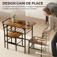 HOMCOM Ensemble table salle à manger avec 2 chaises, table de cuisine avec chaises pour 2 personnes, cadre en métal, marron(m-5)