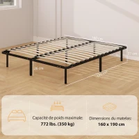 HOMCOM Cadre de lit 160 x 190 cm, lit 2 personnes en bois massif avec sommier à lattes et pied, rangement au-dessous, noir(m-3)