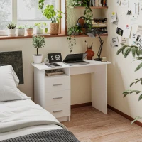 HOMCOM Scrivania Moderna in Legno con 3 Cassetti e Ripiano Aperto, 100x40x75 cm, Bianca e Marrone(m-10)