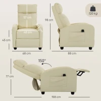 HOMCOM Recliner Armchair, Massage Faux Leather Push Back Reclining Chair with Adjustable Leg Rest, Side Pocket, Cream White(m-3)