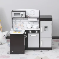 HOMCOM Cucina Giocattolo per Bambini in Legno con 14 Accessori, Forno, Lavandino, Frigo e Microonde, Età 3+ Anni, 86x64x84.5cm, Argento e Marrone(m-10)