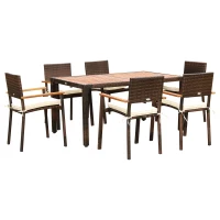 Outsunny Ensemble de table et 6 chaises de jardin en résine tressée avec coussins d'assise et plateau table en bois d'acacia - marron(m-12)