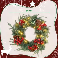 HOMCOM Ghirlanda Natalizia da 60 cm con Luci LED Bianche, Timer, Pigne, Bacche e Agrifoglio, Verde(m-3)
