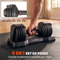 SPORTNOW Haltères Réglables Rapide 5 Niveaux, 2 x 11 kg, Verrou de Sécurité, Poignée Antidérapante, Bases de Rangement, Noir(m-4)