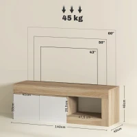 HOMCOM Mueble de TV Moderno para Salón con 2 Puertas Estante Abierto para Televisión 60 Pulgadas 140x40x48 cm Blanco y Natural(m-3)
