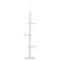 PawHut 225-255 cm Adjustable Cat Climbing Tower with Sisal Scratching Posts, 2 Hanging Play Balls and Anti-Tip Strap, Beige(m-11)