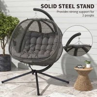Outsunny Double Hanging Egg Chair 2 Seaters Texteline Swing Hammock Chair with Stand, Cushion and Folding Design, for Indoor and Outdoor, Grey(m-20)