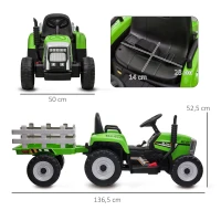 HOMCOM Tractor Eléctrico con Remolque para Niños 3-6 Años con Control Remoto y Cinturón de Seguridad 136,5x50x52,5 cm Verde(m-3)