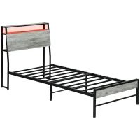 HOMCOM Single Steel Bed Frame, with LED Lights and Shelf - Grey(m-2)