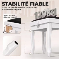 HOMCOM Banc de Piano, Tabouret Piano Réglable en Hauteur 45-56 cm, Banc de Clavier, Siège Rembourré en Velours, Blanc(m-5)