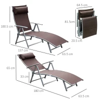 Outsunny Sun Lounger Steel Frame Outdoor Folding Chaise Texteline Lounge Chair Recliner with Headrest & 7 Levels Adjustable Backrest, Brown(m-3)