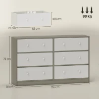 HOMCOM Comodă cu 6 sertare pliabile cu mânere duble, din lemn, oțel și material textil, 114x30x70 cm, alb și gri(m-3)