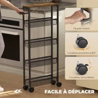 HOMCOM Chariot de Rangement en Métal à 5 Niveaux, 4 Paniers en Maille, Poignée, Plateau Effet Bois, 47 x 13 x 96,5 cm, Noir(m-7)
