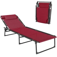 Outsunny Bain de Soleil transat Pliable Dossier inclinable Multi-Positions Acier thermoplastique Lacets élastiques Noir textilène Rouge(m-1)