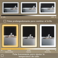 HOMCOM Espejo de Baño con Luz LED 80x60 cm con 3 Colores de Luz Función Antivaho Función de Memoria IP44 Horizontal/Vertical(m-4)