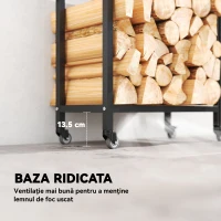 Outsunny Suport pentru Lemne de Foc, de Interior și Exterior, pe Două Niveluri, cu Roți, din Oțel Reforțat, 60x30x119 cm, Negru(m-7)