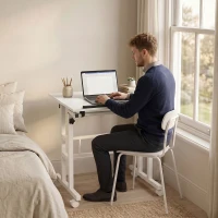 HOMCOM Bureau Assis-Debout, Bureau Réglable en Hauteur 70 x 60 cm, à Roulettes avec Plateau Inclinable, 70x60x70,5-120cm, Blanc(m-10)