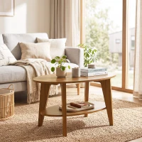HOMCOM Masă de cafea ovală cu 2 nivele, masă de living modernă cu raft inferior deschis, 80 x 50 x 45 cm, Stejar(m-4)