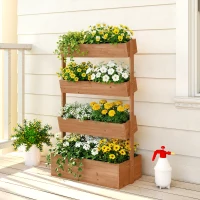 Outsunny Jardinera de Madera de 4 Niveles Jardinera Elevada Exterior con Orificios de Drenaje Tela no Tejida Marrón(m-10)
