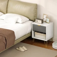 HOMCOM Table de chevet, table d'appoint compartiment ouvert, tiroir et poignée, pieds en acier, 45 x 40 x 55, blanc(m-7)
