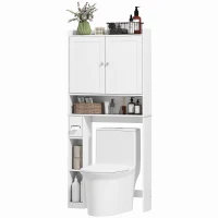 HOMCOM Meuble WC dessus de toilette ou machine à laver, 2 portes, 3 compartiments, porte-papier toilette, 80x19,5x170cm, blanc(m-13)