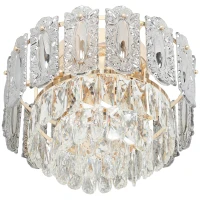 HOMCOM Chandelier Ceiling Light, 3-Light Flush Mount Fixture with Dual Crystal and Smoke Glass Shade, 40 cm LED Ceiling Light for Living Room Bedroom, 3 E14 Sockets, Bulbs Not Included, Gold Tone(m-11)