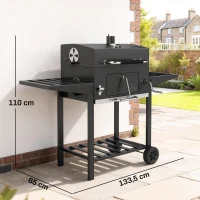 Outsunny Barbacoa de Carbón con Bandeja Ajustable Estantes Plegables Ruedas Termómetro Tapa Chimenea Ventilaciones y Cesta(m-3)