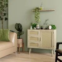 HOMCOM Mobile Multiuso Stile Boho con Armadietto e 3 Cassetti in Legno e Rattan, 80x36x75cm, Rovere(m-2)